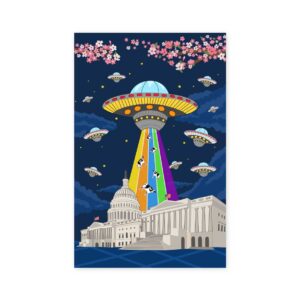 Poster image of a UFO with rainbow tractor beam sucking up cows from Congress.