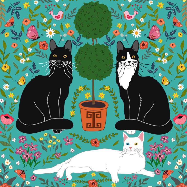 Graphic of three illustrated cats on green background around a topiary.