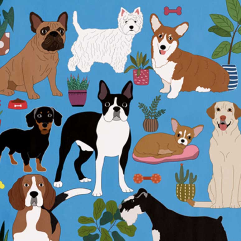 Illustrations of dogs in graphic pattern for Naked Decor products.