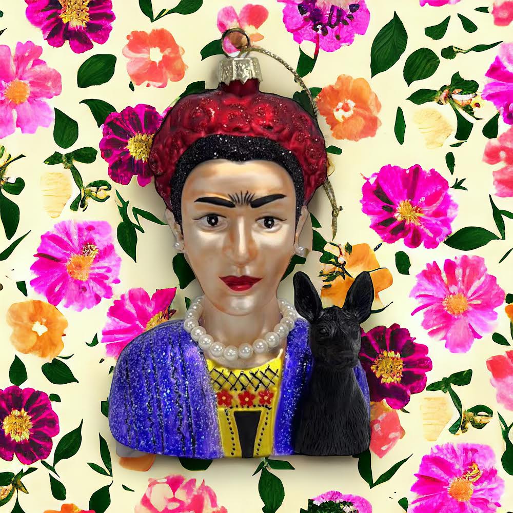 Image of Naked Decor Frida ornament on flower pattern background.