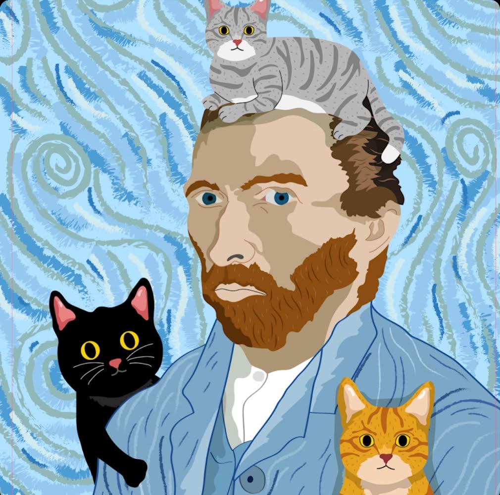 Illustration of Van Gogh with cats representing Naked Decor All Things Museum collection.