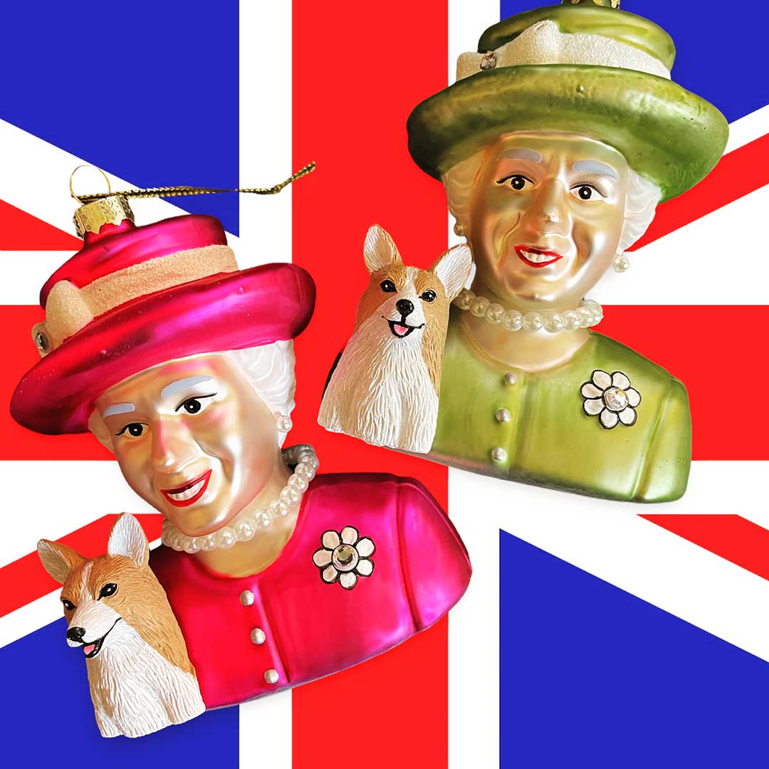 Queen ornaments on UK flag background