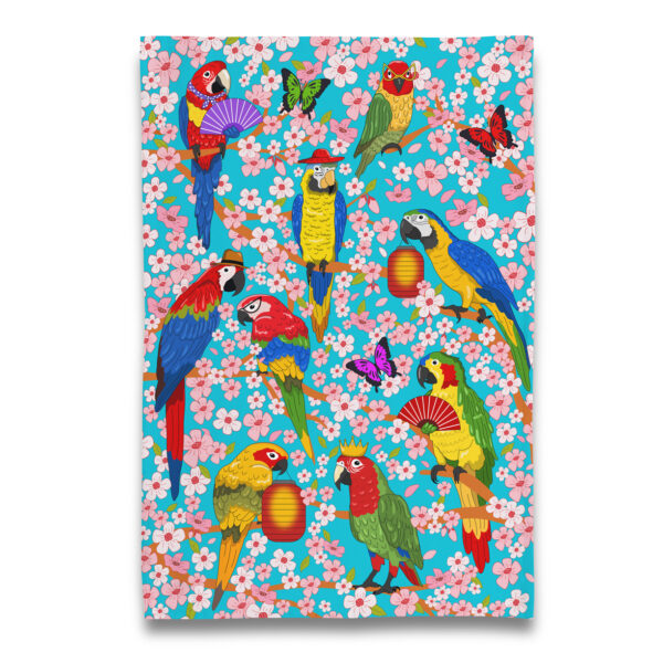 Parrots and Lovebirds at Cherry Blossom Tree Tea Towel